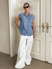 DAZY Dual Pocket Batwing Sleeve Button Front Denim Top