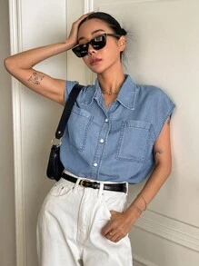 DAZY Dual Pocket Batwing Sleeve Button Front Denim Top