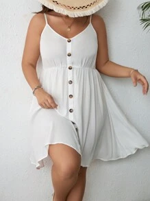 SHEIN Unity Talla grande Vestido de tirantes con botón delantero - Blanco - Ver 1