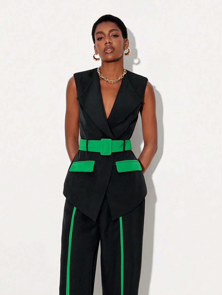 Floral Contrast Panel Belted Vest Blazer - Black - View 1