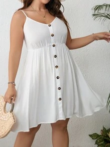 SHEIN Unity Talla grande Vestido de tirantes con botón delantero - Blanco - Ver 3