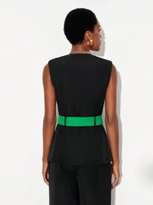 Floral Contrast Panel Belted Vest Blazer - Black - View 2