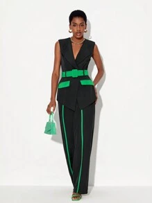 Floral Contrast Panel Belted Vest Blazer - Black - View 3