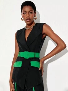 Floral Contrast Panel Belted Vest Blazer - Black - View 5