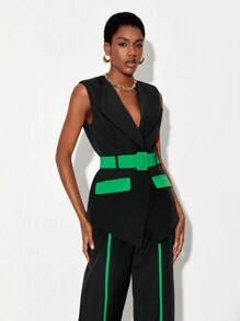 Floral Contrast Panel Belted Vest Blazer - Black - View 6