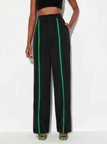 Floral Contrast Piping Suit Pants - Black - View 1