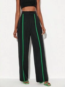 Floral Contrast Piping Suit Pants - Black - View 3