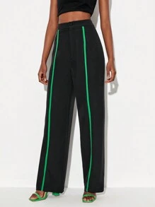 Floral Contrast Piping Suit Pants - Black - View 4