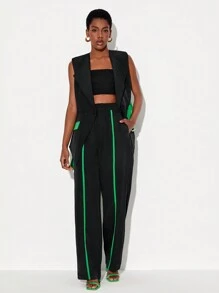 Floral Contrast Piping Suit Pants - Black - View 5