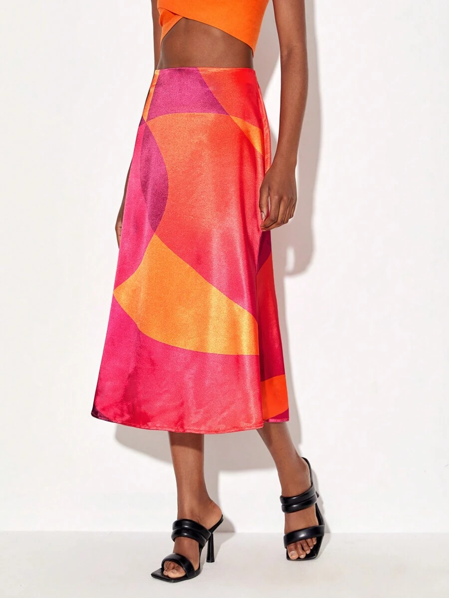 Ishaarah 撞色緞面A字半身裙 - 彩色 - 查看 1