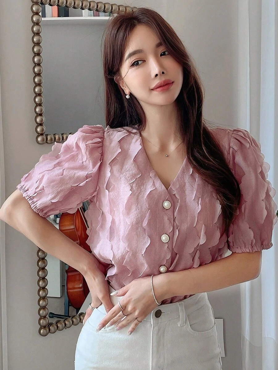 DAZY Jednolity Guziki z przodu Bufiasty Rękaw Bluzki - Różowy - Zobacz 1