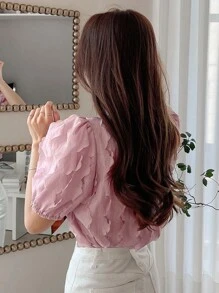 DAZY Jednolity Guziki z przodu Bufiasty Rękaw Bluzki - Różowy - Zobacz 2