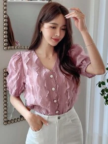 DAZY Jednolity Guziki z przodu Bufiasty Rękaw Bluzki - Różowy - Zobacz 7