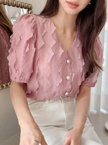 DAZY Jednolity Guziki z przodu Bufiasty Rękaw Bluzki - Różowy - Zobacz 8