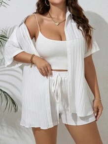 SHEIN VCAY 大碼素色前打結短褲&前排扣襯衫