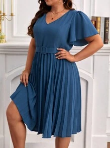 SHEIN Frenchy Hơn áo tay bướm Viền xếp Váy có thắt lưng - Màu xanh lam - Xem 3