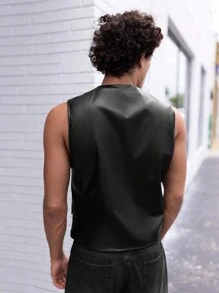 FeverCity 男士翻盖细节 PU 皮背心夹克，外出黑色背心，适合朋友、丈夫、男朋友的礼物，适合秋冬 - 黑色 - 查看 2