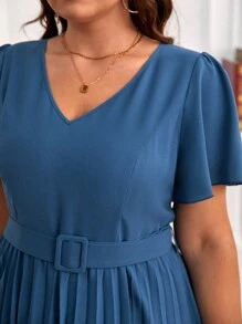 SHEIN Frenchy Hơn áo tay bướm Viền xếp Váy có thắt lưng - Màu xanh lam - Xem 7