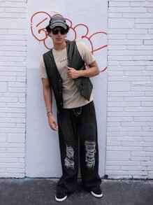 FeverCity 男士翻盖细节 PU 皮背心夹克，外出黑色背心，适合朋友、丈夫、男朋友的礼物，适合秋冬 - 黑色 - 查看 8