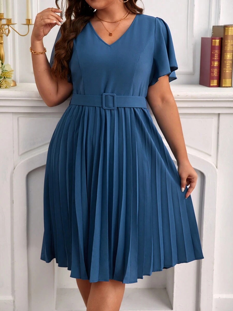 SHEIN Frenchy Hơn áo tay bướm Viền xếp Váy có thắt lưng - Màu xanh lam - Xem 1