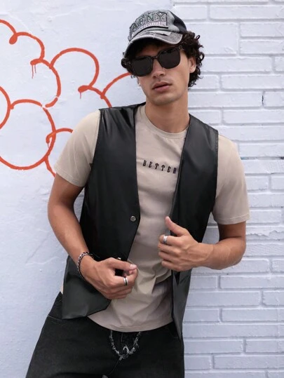 FeverCity Men Flap Detail PU Leather Vest Jacket, Going Out Black Vest, For Friends, Husband, Boyfriend Gifts, For Fall Winter