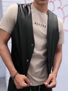 FeverCity 男士翻盖细节 PU 皮背心夹克，外出黑色背心，适合朋友、丈夫、男朋友的礼物，适合秋冬 - 黑色 - 查看 6