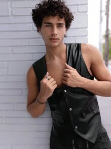 FeverCity 男士翻盖细节 PU 皮背心夹克，外出黑色背心，适合朋友、丈夫、男朋友的礼物，适合秋冬 - 黑色 - 查看 3