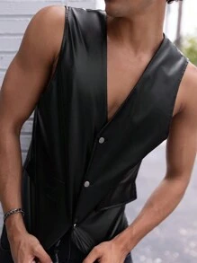 FeverCity 男士翻盖细节 PU 皮背心夹克，外出黑色背心，适合朋友、丈夫、男朋友的礼物，适合秋冬 - 黑色 - 查看 7