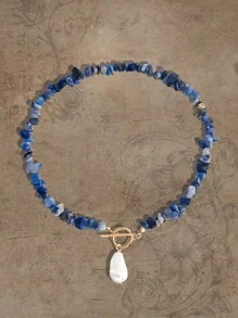 ROMWE Fairycore 1 chiếc vòng cổ mặt ngọc trai giả Howlite Boho có khóa cài dành cho nữ để trang trí hàng ngày - Màu xanh lam - Xem 1