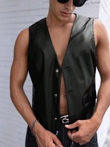 FeverCity 男士翻盖细节 PU 皮背心夹克，外出黑色背心，适合朋友、丈夫、男朋友的礼物，适合秋冬 - 黑色 - 查看 4
