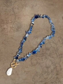 ROMWE Fairycore 1 chiếc vòng cổ mặt ngọc trai giả Howlite Boho có khóa cài dành cho nữ để trang trí hàng ngày - Màu xanh lam - Xem 3