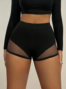 SHEIN ICON Black Solid Fishnet Insert Sexy Elastic Waist Shorts - Black - View 1