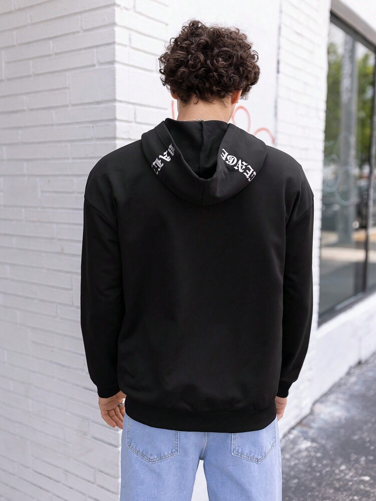 Manfinity RebelGame Loose Fit Men's Star & Letter Print Zip-Up Hoodie, For Fall Winter - Black - View 4