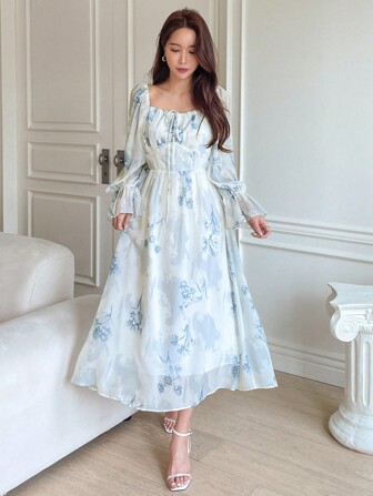 DAZY Floral Print Tie Front Flounce Sleeve Dress