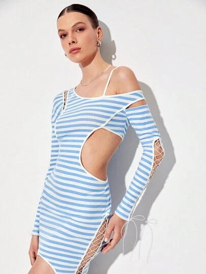 8IGB Designer Striped Print Asymmetrical Neck Cut Out Bodycon Elegant Dress, For Holiday, Party, Vacation, Birthday Outfits, Spring & Summer, Beach, Festival, Ibiza Fits, Wedding Prom Dress