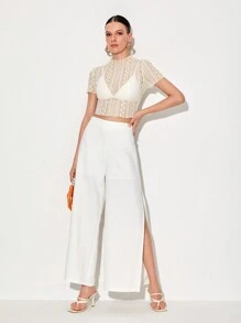 Maria Molina Quần nữ Dây kéo Tách cao màu trơn Thanh lịch - trắng - Xem 3