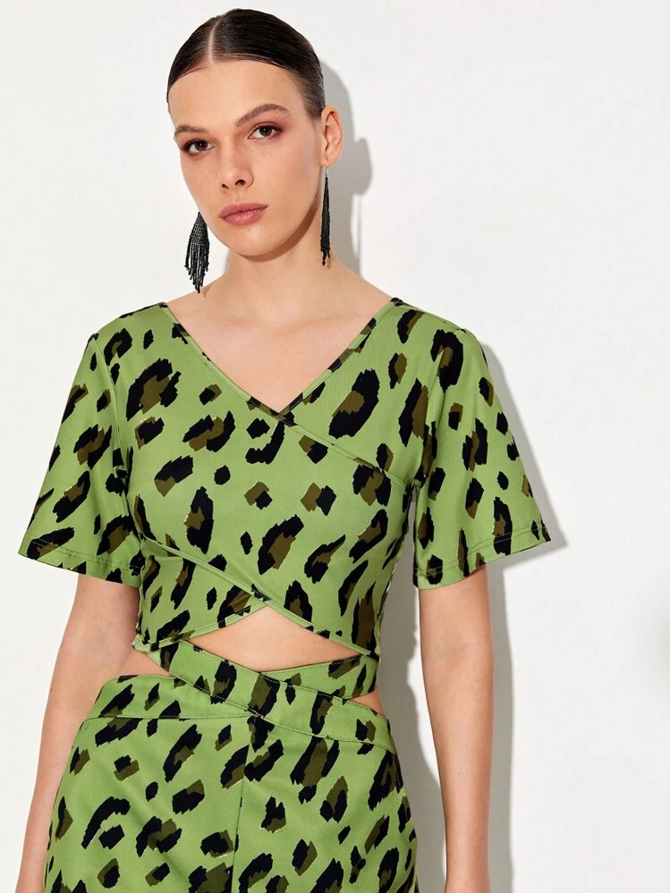 TF TRAN Camiseta corta cruzada estampada envolvente, ropa de mujer, para el verano - Multicolor - Añade 1