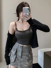 DAZY 純色短款背心上衣 - 灰色 - 查看 7