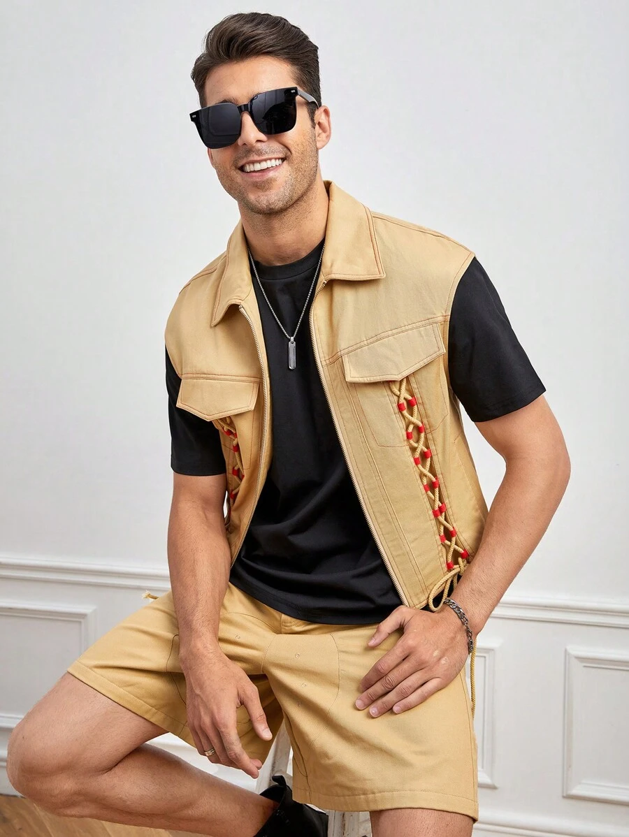 8IGB Men Cotton 1pc Flap Pocket Vest Jacket - Camel - View 1