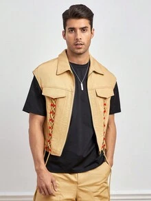 8IGB Men Cotton 1pc Flap Pocket Vest Jacket - Camel - View 3