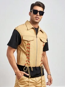 8IGB Men Cotton 1pc Flap Pocket Vest Jacket - Camel - View 5