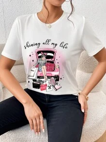 SHEIN Essnce Áo thun nữ Con số Slogan Giải trí - trắng - Xem 4