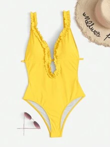 Swim Vcay 褶邊深V領露背連體泳衣