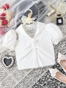 Girls Ruched Front Puff Sleeve Ruched Front Shirt - White - View 1