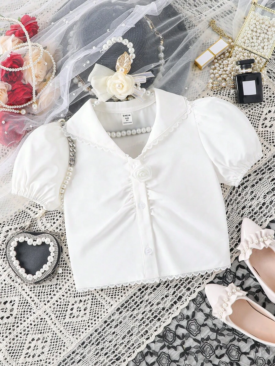 Girls Ruched Front Puff Sleeve Ruched Front Shirt - White - View 1