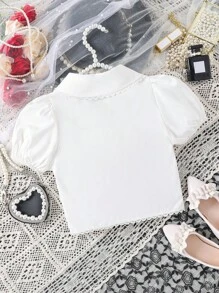 Girls Ruched Front Puff Sleeve Ruched Front Shirt - White - View 2