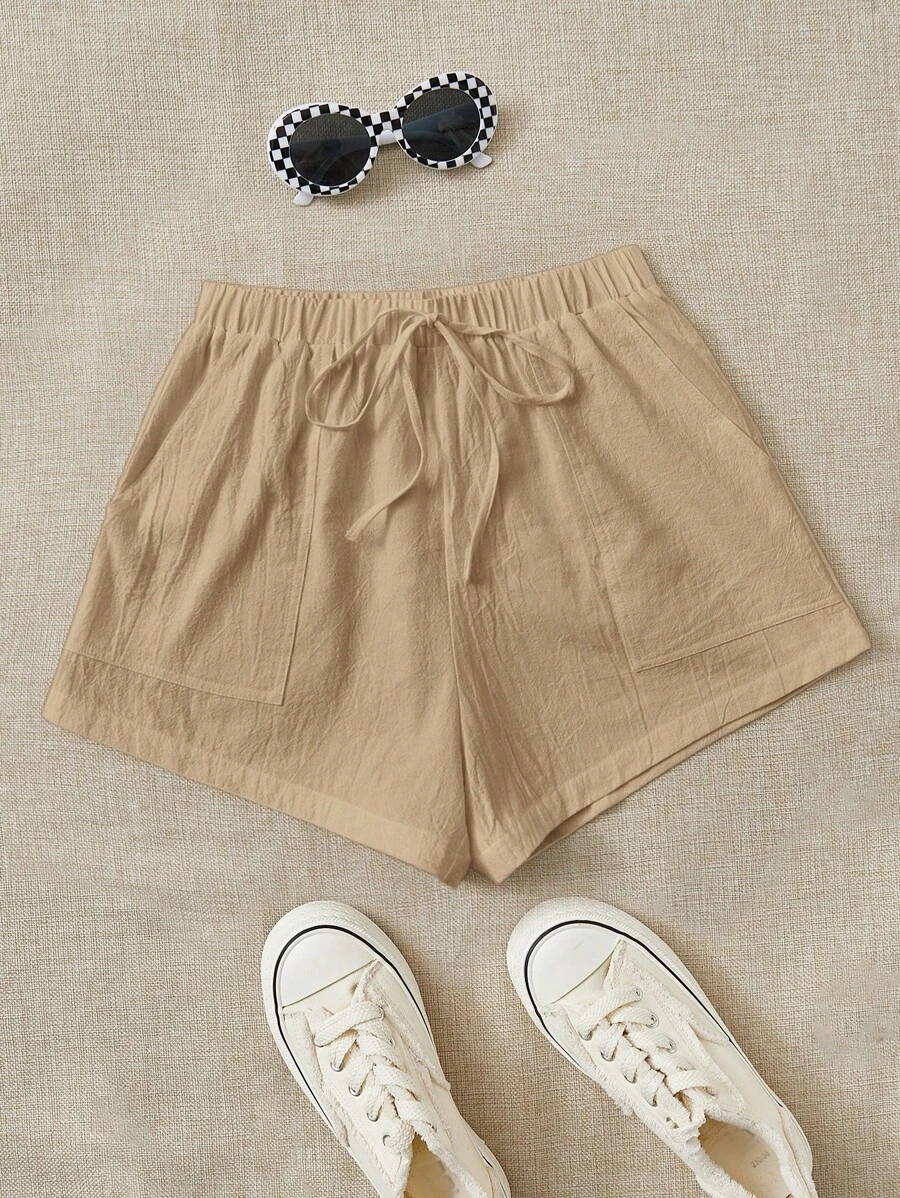 SHEIN EZwear Tie Waist Slant Pocket Shorts - Khaki - View 1