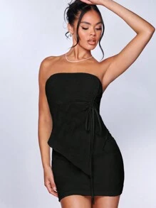 SHEIN BAE Drawstring Side Asymmetrical Hem Tube Top & Bodycon Skirt - Black - View 1