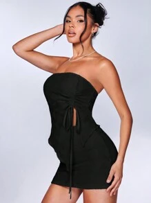 SHEIN BAE Drawstring Side Asymmetrical Hem Tube Top & Bodycon Skirt - Black - View 3