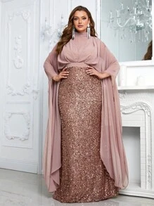 YISIKADO 大碼小高領斗篷袖亮片正式連衣裙 - 杏色 - 查看 1